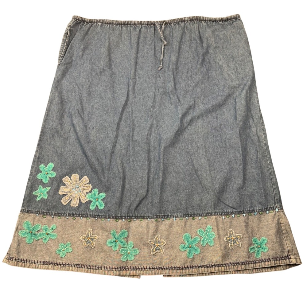 CST Blues Womens 2X Embroidered Denim Skirt Blue Floral Cotton Elastic Waist